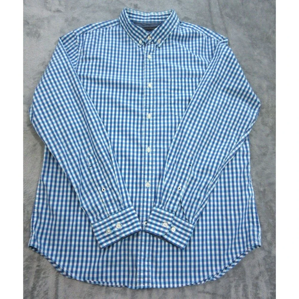 Banana Republic Shirt Mens Large Camden Fit Plaid Blue Long Slv Buttoned Down
